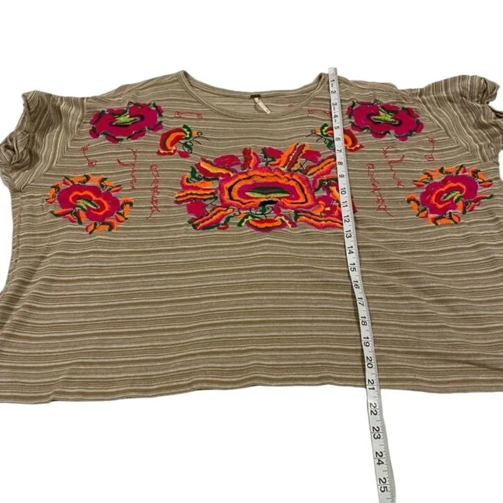 Free People Catalunya Embroidered Striped Cuffed‎ Sleeves Top Size S